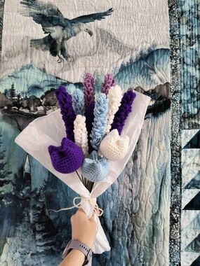 Handmade Crochet Flower Bouquet in Purple, Blue & White